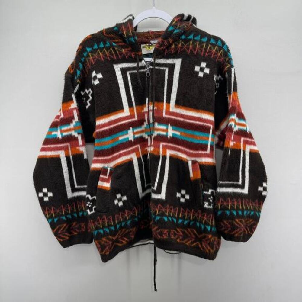 VTG‎ Earth Ragz Wool Blend Jacket Wmns Medium Brown Southwest Full Zip Hood Boho